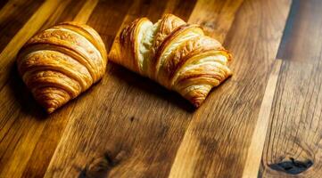 Freshly baked croissant on a rustic wooden table photo