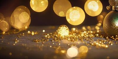 Christmas decorations of bokeh and gold glitter particles in the background,Generative AI. photo