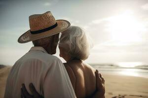 Rear view of an elderly couple in nature, husband and wife are hugging together on a beach at the sea on a sunny day. Seniors, travel in retirement, rest in old age. Generative AI photo