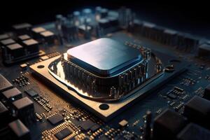 Computer processor and motherboard close-up, selective focus. photo