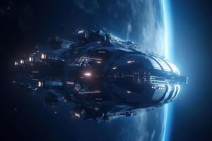 Large interstellar spaceship in space, futuristic ship flying against background of planet. Sci-fi, future technology illustration. photo