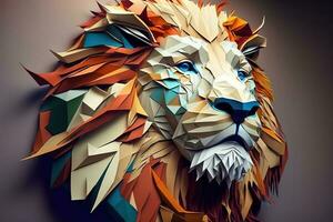 Portrait of a muzzle of a lion from colored paper, an origami animal. Generative AI photo