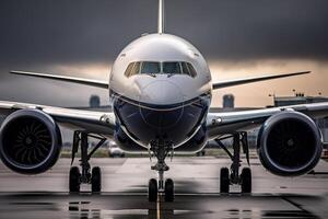 Plane travels on runway of airport. Close-up of civil aviation passenger transport, front view. photo