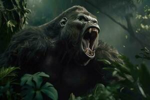 Angry aggressive monkey gorilla in jungle. Screaming king kong in forest. Generative AI animal illustration photo