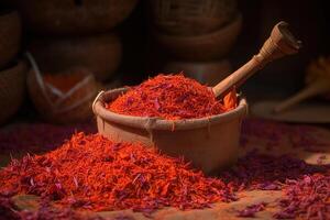 Saffron in a wooden bowl, close-up. Generative AI photo