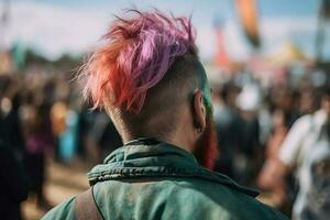 Hipster guy with trendy multicolored hairstyle at outdoor festival. Rear view of stylish caucasian man in denim jacket and with piercing walking at an event, close-up. Generative AI photo