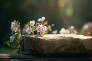 Rough wooden empty podium with flowering branch on spring sunny day outdoors. Close-up, soft focus. Generative AI photo