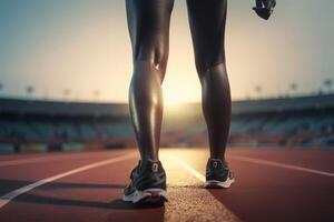 Muscular slender legs of black athletic woman on running track of stadium outdoors. Close-up, rear view, low angle view. Generative AI photo