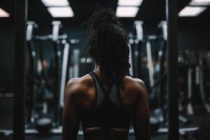 Black female athlete in the gym, slender muscular woman in a tank top at training indoors rear view. photo
