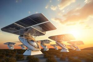 Row of futuristic solar panel installations in field, sunny day. Alternative eco energy of future. photo