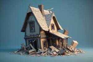 Destroyed house. Earthquake, abandoned housing concept. Generative AI illustration photo