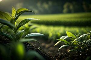 de cerca de Fresco verde té hojas al aire libre. té plantación. generativo ai foto