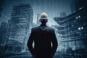 City development planning, construction and architecture business concept. Businessman in helmet and suit on background of buildings and schemes. Generative AI photo