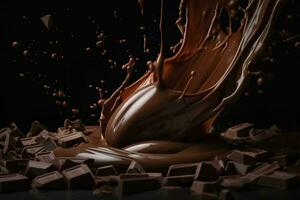 Chocolate chips, liquid brown sweet chocolate splash. Generative AI photo