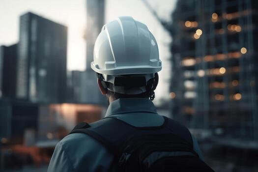 Engineer in white helmet at construction site, rear view. Close-up of an unrecognizable working man against backdrop of buildings under construction. photo