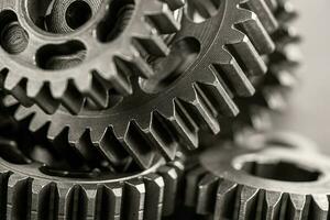 Gear and cogs wheels, clock mechanism, brass metal engine industrial. photo