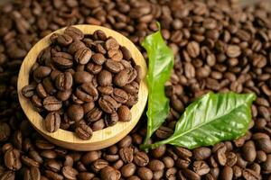 Coffee brown bean medium roasted with fresh green leaf. photo