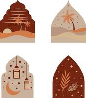 Boho Islamic windows and arches with modern boho design, moon, mosque dome and lanterns. Vector illustration