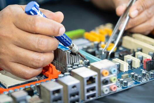 Repairing and upgrade circuit mainboard of notebook, electronic, computer hardware and technology concept. photo