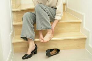 Asian lady woman patient fall down the stairs because slippery surfaces photo