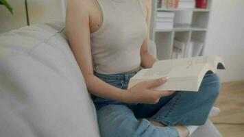 fechar acima mão jovem mulher lendo livro em sofá às lar. video