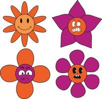 Groovy Flower Retro. Funny happy daisy with eyes and smile. Sticker pack in trendy retro trippy style. Isolated vector illustration.