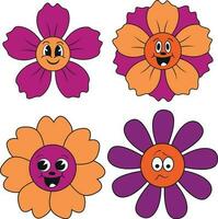 Groovy Flower Retro. Funny happy daisy with eyes and smile. Sticker pack in trendy retro trippy style. Isolated vector illustration.