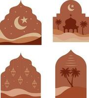 Boho Islamic. style Islamic windows and arches with modern boho design, moon, mosque dome and lanterns vector