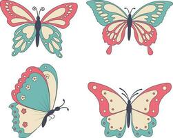 Retro Butterfly, daisy, flower stickers. Hippie 60s 70s elements. Floral romantic sign and symbols in trendy cute retro style. vector