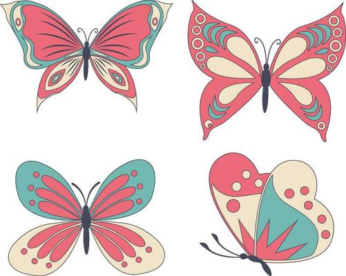 Retro Butterfly, daisy, flower stickers. Hippie 60s 70s elements. Floral romantic sign and symbols in trendy cute retro style.