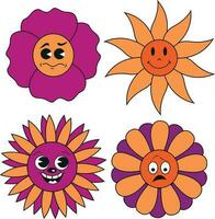 Groovy Flower Retro. Funny happy daisy with eyes and smile. Sticker pack in trendy retro trippy style. Isolated vector illustration.