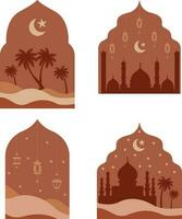 boho islámico. estilo islámico ventanas y arcos con moderno boho diseño, luna, mezquita Hazme y linternas vector