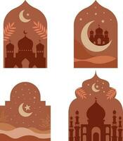 Boho Islamic. style Islamic windows and arches with modern boho design, moon, mosque dome and lanterns vector