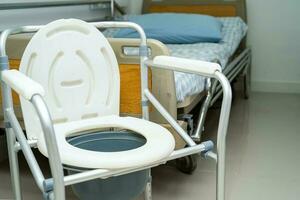 Flush toilet and shower chair in bathroom for old elder people. photo