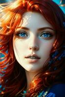 A vibrant portrait of a woman with cascading red hair and piercing blue eyes, illuminated by a warm, golden light. photo