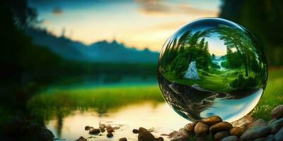 Perfect glass sphere with beautiful nature background,Generative AI. photo
