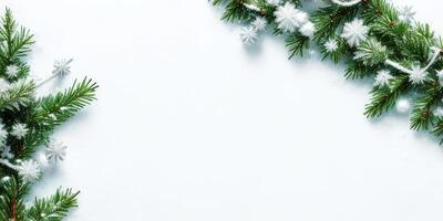 Christmas tree branches and ornaments isolated on white background,. photo