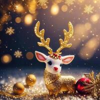 Gold reindeer and gold glitter particles with light bokeh background,Generative AI. photo