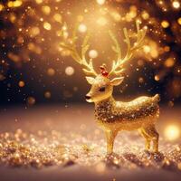 Gold reindeer and gold glitter particles with light bokeh background,. photo