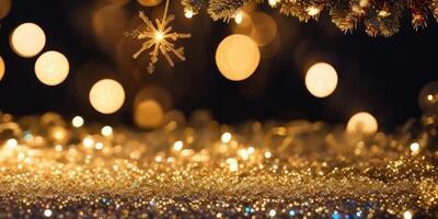 Christmas decorations of bokeh and gold glitter particles in the background,Generative AI. photo