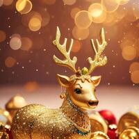 Gold reindeer  and gold glitter particles with light bokeh background,Generative AI. photo