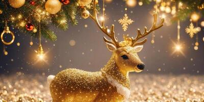 Christmas decorations of bokeh with gold glitter particles and gold reindeer in the background,Generative AI. photo