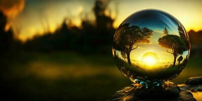 Perfect glass sphere with beautiful nature background,Generative AI. photo