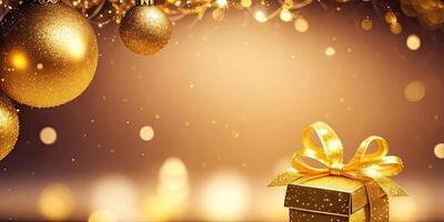 Gold gift boxes and gold glitter particles with bokeh light background,. photo