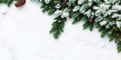 Christmas tree branches and ornaments isolated on white background,. photo