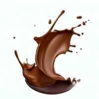 Chocolate fluid splash crown flow with bubbles and drops isolated on white background. Generative AI photo