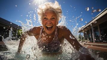 Happy senior woman swimming in pool photo