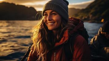 retrato de un sonriente niña en naturaleza en un caminata generativo ai foto