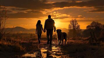 Walking in nature with a dog at sunset photo