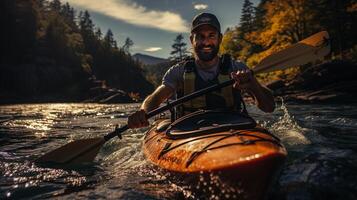 kayak en el río, joven contento personas generativo ai foto